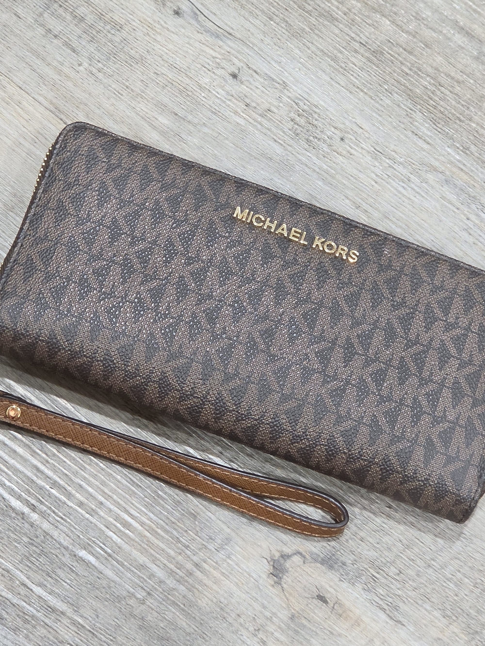 Michael Kors Brown Leather Zip Wallet with Gold Hardware Wristlet